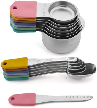 Magnetic kitchen collection of 14 measuring cups and spoons set made of stainless steel for dry and liquid ingredients, dishwasher safe, rust-proof, imperial and metric (black color)