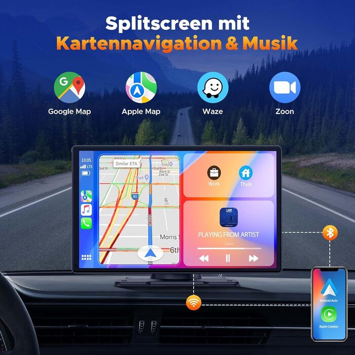 Volam автомобільна магнітола з 9'' IPS, бездротовий CarPlay та Android Auto, Bluetooth 5.0, FM, AUX, підтримка Siri та Google, портативний дисплей