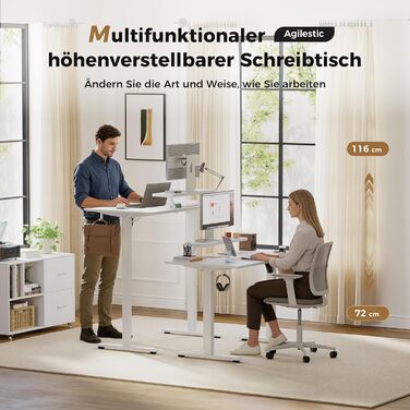 Електричний регульований стіл Agilestic з підсвічуванням, USB-портом та мобільним тримачем монітора. Комп'ютерний стіл з 3-секційною стільницею (білий, 120 x 60 см)