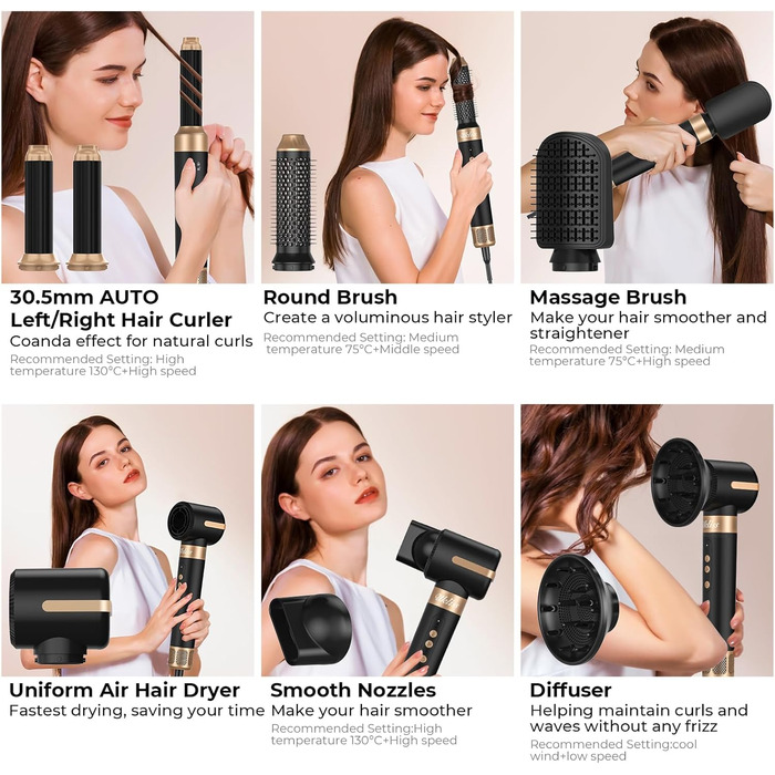 UKLISS Multistyler 7-в-1: фен, плойка, щітка для волосся, 1400W, турбіо, 3 температурні режими, насадки для локонів та випрямлення, чорний/турквіс