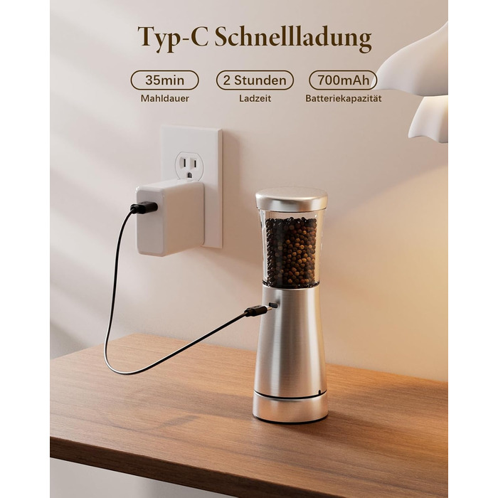 Salt and Pepper Grinder Electric 2-Piece Set with USB Rechargeable, Improved 4.5oz Large Capacity Spice Grinder Electric, Adjustable Coarseness with LED Light, Ideal for the Kitchen