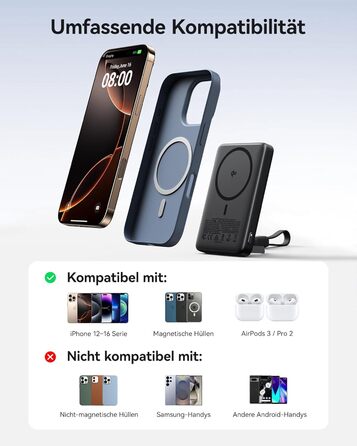 Power Bank MagSafe 45W з підтримкою Qi2, 10000mAh, з кабелем USB-C та підставкою, сумісний з iPhone 17/16/15/14/13