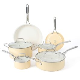Набір кухонного посуду Martha Stewart Lockton Premium 10 предметів: каструлі та сковороди з керамічним антипригарним покриттям (без PFA), емальоване алюмінієве лиття, колір - вершковий