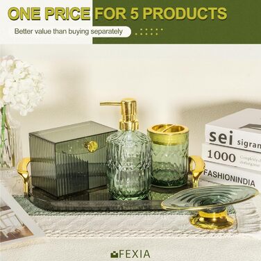 Набір аксесуарів для ванної кімнати FEXIA (5 шт.) - зелений декор у стилі бохо, органайзер для зубних щіток, дозатор мила, лосьйону