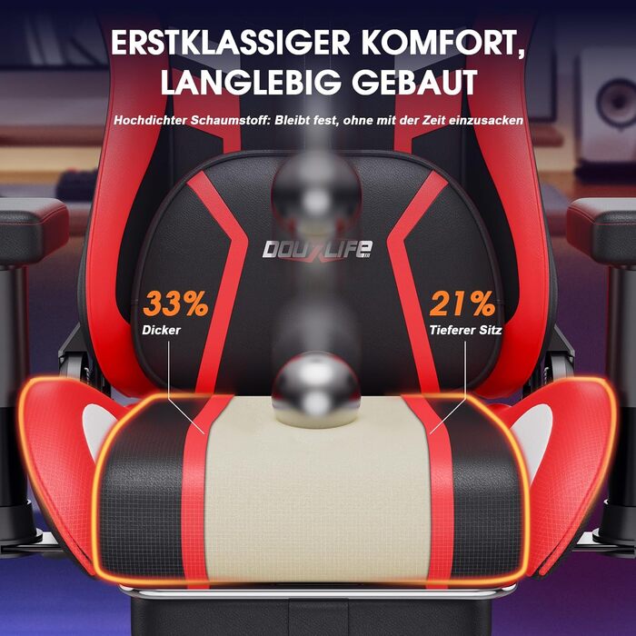 Ігровий крісло Douxlife з функцією масажу та підігрівом, ергономічний офісний крісло з підставкою для ніг, регулювання 90°-175°, м'які 2D підлокітники, геймерське крісло для ПК, 181 кг, (Червоний)