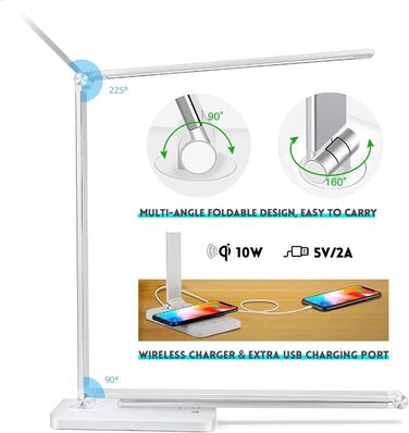 LED лампа настільна диммируемая 560LM з 5 режимами кольору та 10 рівнями яскравості, нічник, USB-порт, функція пам'яті та таймер, 10W - біла (адаптер 20W - срібний)