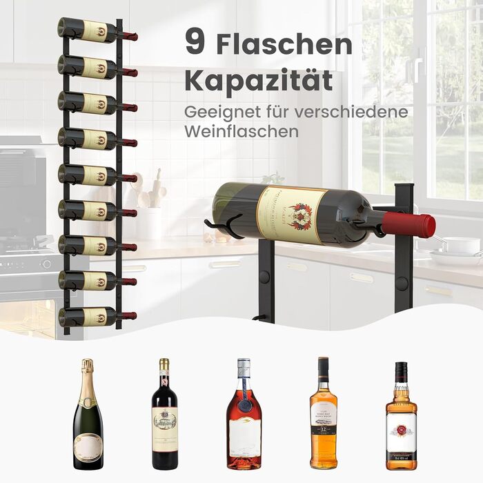 Стильна полиця для вина COSTWAY на стіну, металева, чорна, на 9 пляшок