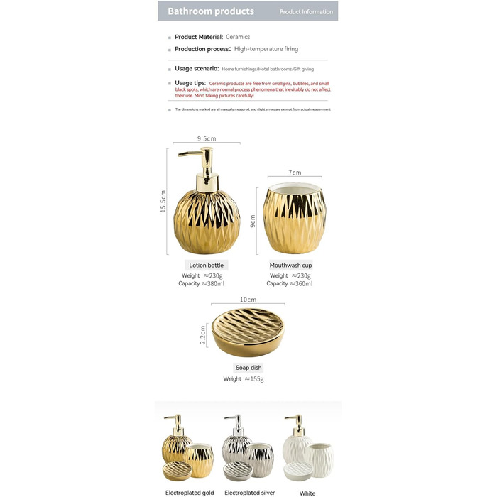 Comeon Bathroom Set, Ceramic, Soap Dispenser Set, Countertop, Toothbrush Holder, Wash Set for Home Decoration, Four-Piece Set, Silver