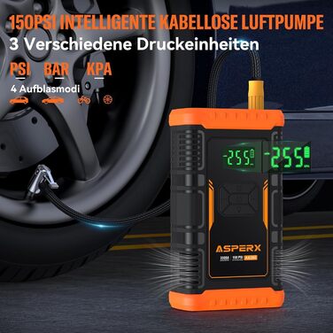 Powerbank з компресором ASPERX Starthilfe: 150PSI, 3000A, LED ліхтарик, для 12V авто, мото, SUV (до 10L бензину або 8L дизеля)