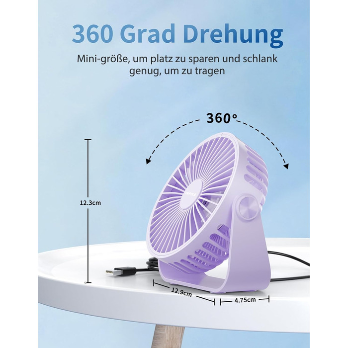USB-настільний вентилятор TriPole: 3 швидкості, регульований, сильний потік повітря, 360° оберт, кабель 1,5 м, портативний міні-вентилятор (фіолетовий)