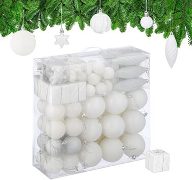 Набір прикрас для ялинки Relaxdays 110 шт. (пластик) - кулі, мішура та інше. Новорічний декор для ялинки, білий