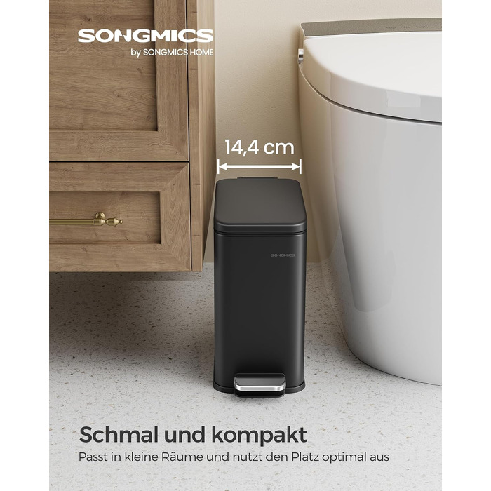 Сміттєвий відер SONGMICS для ванної кімнати та косметики, 5 л, сталевий педальний кошик з кришкою та системою SoftClose, вузький, чорний (LTB560B05V1)