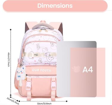 Дитячий рюкзак IvyH для дівчаток: водонепроникний, велика місткість, 2-6 клас, школа, гімназія, університет (рожевий)