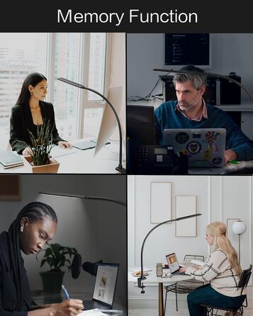 Настільна лампа HOKONE LED з клемою, димер, 4 кольори, 10 рівнів яскравості, гнусий «лебединий шия», 360° регулювання, для офісу, чорна T7-schwarz