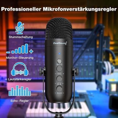 Zealsound USB мікрофон для подкастів та вокалу з шумозаглушенням (чорний) для ПК, телефону, YouTube, PS5, iPhone, Mac. З підставкою-держателем та адаптерами.
