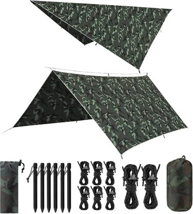 VOSOIR Camo Tarp - 3x3M/3x5M Waterproof Camping Tarp - UV Resistant, Lightweight, with Grommets, Stakes & Rope - for Camping, Hiking, Picnics, Hammocks