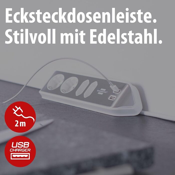 Бренненштуль Estilo Розподільник розеток у кут 4-разовий (настільна розетка з нержавіючою поверхнею для кухні та офісу, з 2 розетками із заземленням, 2 розетками Euro, з USB-функцією заряджання) Сріблястий/білий USB A сріблястий/білий