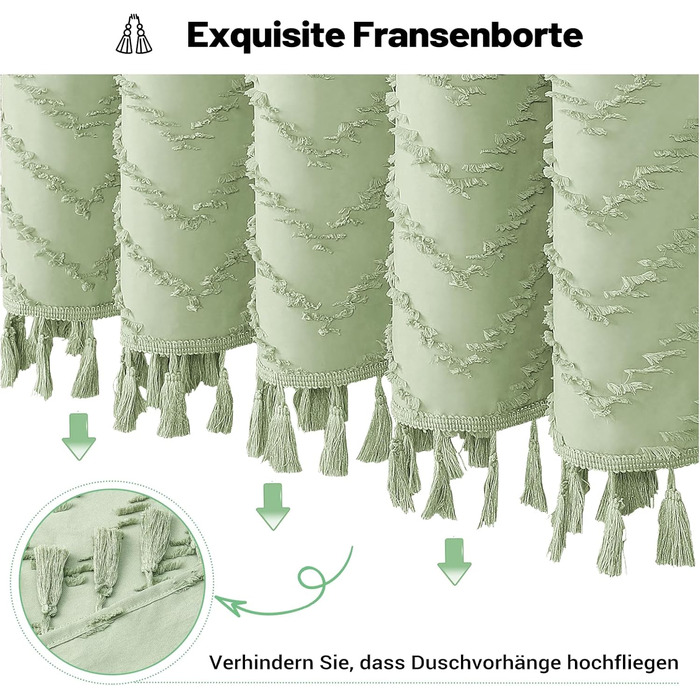 Штора для душу BTTN 180x180 см, Бохо, бежева з китицями, водонепроникна, з гачками (12 шт.)