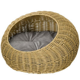 PawHut Rattan Cat Basket Cat House with Cushion for Cats up to 4 kg, Indoor Cat Cave made of PE Rattan, Ø50 x 31 cm, light brown for cozy retreats