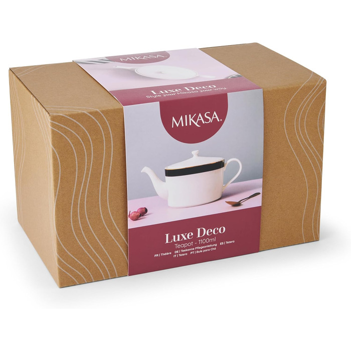 Mikasa Luxe Deco Porcelain Teapot, large 4-cup teapot with filter, 1.1L, Art Deco print and genuine gold accents, dishwasher safe