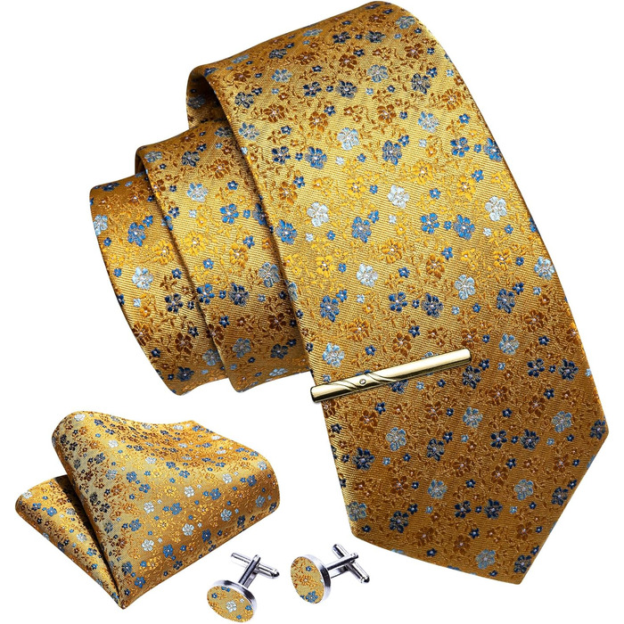 Набір краваток Barry.Wang для чоловіків: 4 шт. (краватка, кишеньковий хустинка, краваткові затискачі, затискач), класичний сатин, жовтий квітковий принт, для весілля та офіційних заходів