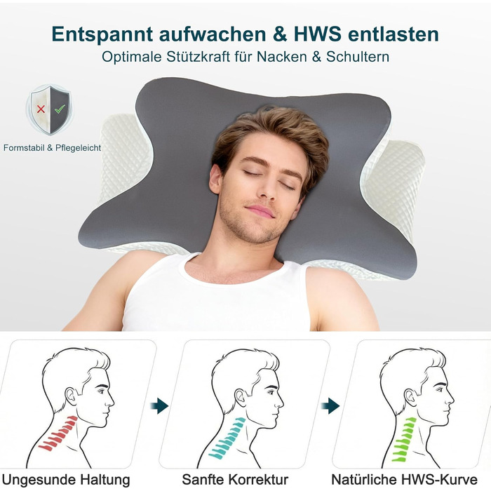 Ортопедична подушка для шиї з ефектом пам'яті (Memory Foam) — Ергономічна подушка-метелик для сну на боці та спині, регульована висота, проти болю в шиї та HWS, мийний чохол
