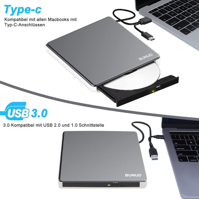 Зовнішній CD/DVD привід BUNUD для ноутбука та ПК: USB-C DVD-брунер з картридером SD/TF та 2 USB-портами для Windows 11, Mac, MacBook