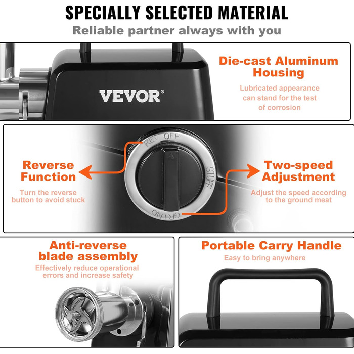VEVOR 1100W Electric Meat Grinder - Stainless Steel, 250kg/hr - Commercial Meat Processing Machine for Restaurant, Butcher Shop, Supermarket