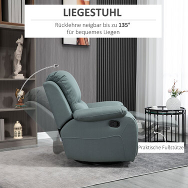 HOMCOM Swivel TV Chair, 135° Reclining, Weight Capacity 330 lbs, Reclining Chair with Footrest for Living Room & Bedroom, Polyester, Green