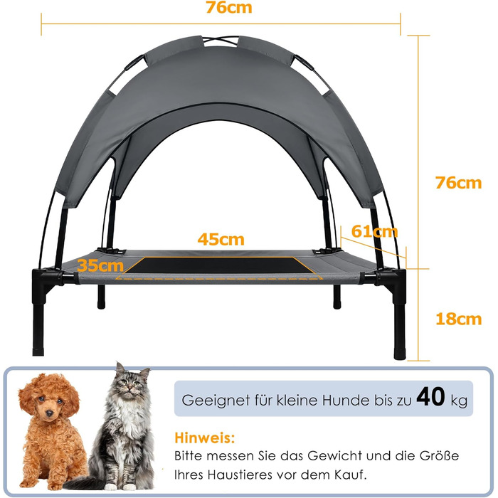 Підвищене ліжко для собак з балдахіном, Outdoor, для кемпінгу та пляжу, XL (122 x 92 x 102 см), водонепроникний дах, дихаюча тканина