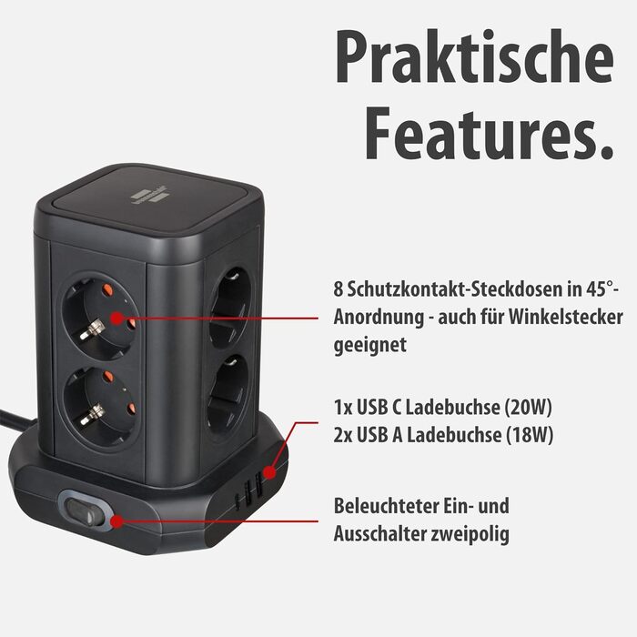 Стеждова тумба Brennenstuhl 8 розеток з USB та USB-C, 2м кабель, чорний колір