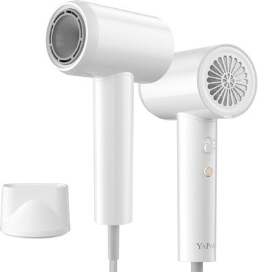Фен YAPOY з іонізацією 200 млн іонів, 110 000 об/хв, швидке сушіння, менше завивань, інтелектуальне регулювання температури, тихий, легкий, для дорослих/дітей/домашнього використання/готелю/кемпінгу, білий