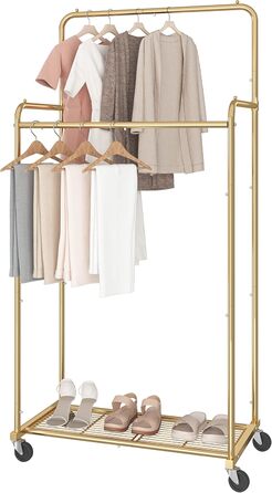 Clothes rack with double bar, sturdy clothes rack on wheels for hanging clothes, with 4 hooks, gold
