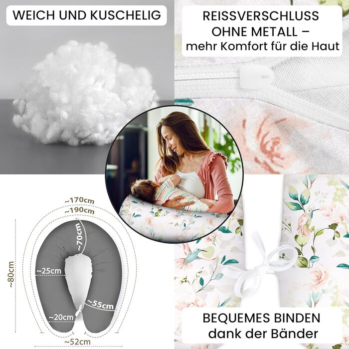 Подушка для вагітних Amilian Stillkissen 170 см XXL – подушка для сну на боці, подушка для годування, body pillow (Колібрі, шалфей)