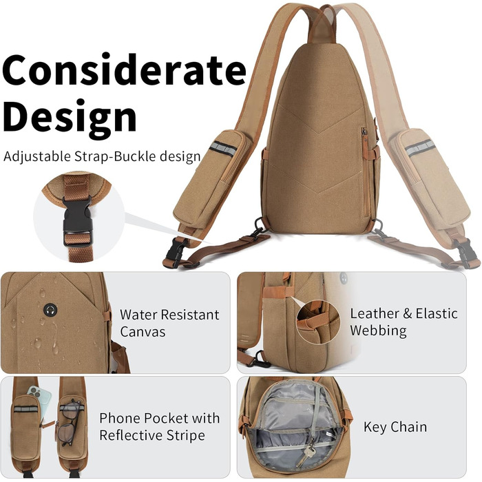 Чоловіча нагрудна сумка через плече з канвасу, водонепроникна, антикрадіжна, для подорожей, спорту та активного відпочинку (колір: коричневий, розмір: L)