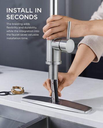 Змішувач для кухні FORIOUS висувний з душем, кухонний, L-подібний, 360° обертання, нержавіюча сталь