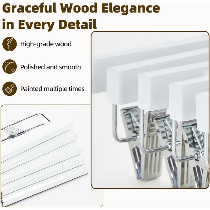 Дерев'яні вішалки для штанів та одягу HOUSE DAY, 25 шт. з кліпсами, білі, 35,5 см, поворотний гачок 360°