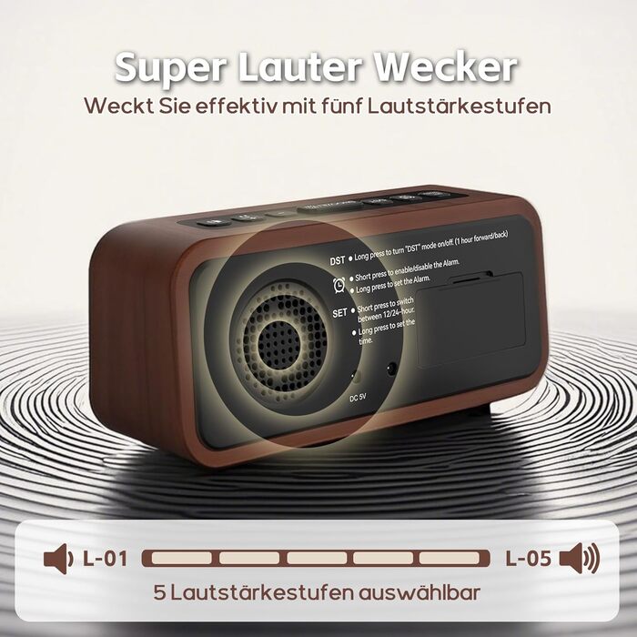 Loud Alarm Clock for Deep Sleepers, Wood Alarm Clock with LED Display, 12 Alarm Ringtone Options, 5 Adjustable Brightness Levels, 5 Volume Levels, Manual DST, Brown Retro Alarm Clock for Bedroom
