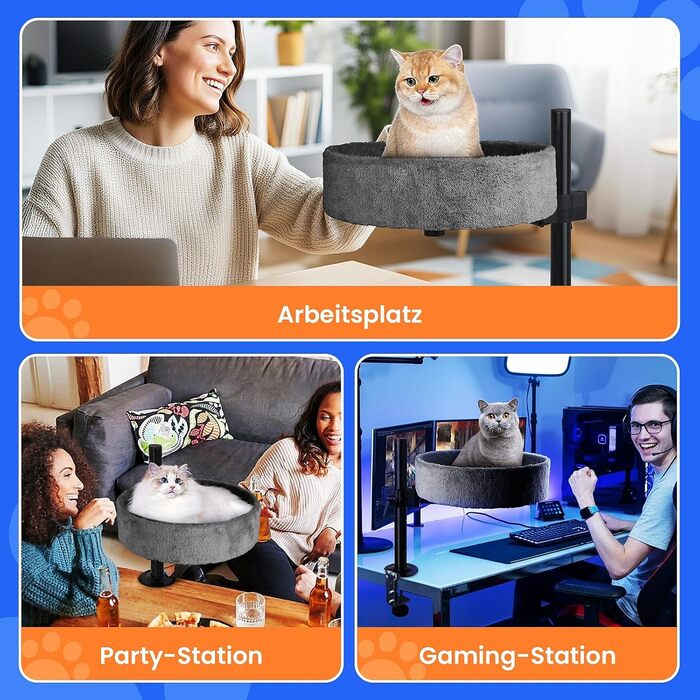 BSWAY Крісло-гніздо для кота на стіл - Покращений 360° оберт, регульована висота, без свердління. Підвищене котяче ліжко над столом. Тримає кошеня/кота близько, робочий простір чистий. Крісло-ліжко для кота на стіл, темно-сірий колір, XL розмір