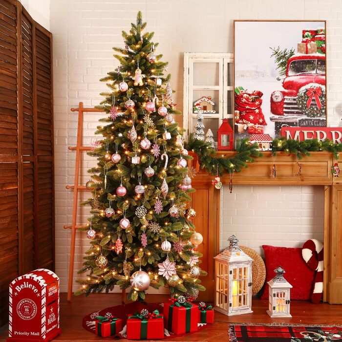 Набір прикрас на ялинку Shareconn 65 шт. з пластику, міцні, з мотузкою, різні розміри та кольори (червоний & білий, макарон)