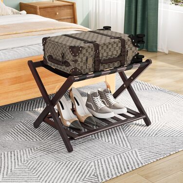 Fully assembled white luggage rack, upgraded bamboo, foldable suitcase stand with 5 nylon straps, luggage holder with shelf for guest rooms, hotel (white luggage rack, 1 piece) (Brown, 1 piece)