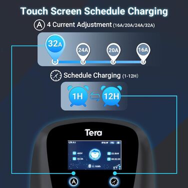 Володіння Tera EV: Смарт-зарядний пристрій 22kW/11kW з App, Typ 2, 400V, Wallbox, 7м кабель, CEE 3-фазний, для електромобілів та PHEV