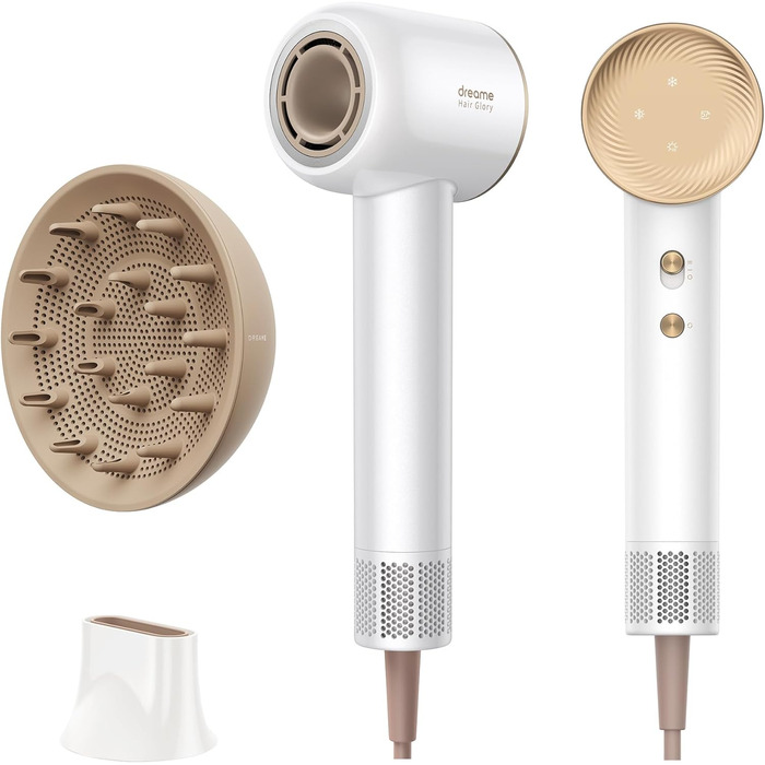 Фен DREAME Hair Glory Combo: Швидке сушіння, 110 000 обертів/хв, іонізація, регулювання температури та швидкості, дифузор, тиха робота, білий