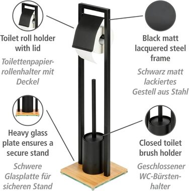 Набір для туалету WENKO Bambusa: тримач для туалетного паперу та щітка для унітазу, Loft-стиль, чорний/натуральний, 18 x 72,5 x 18 см