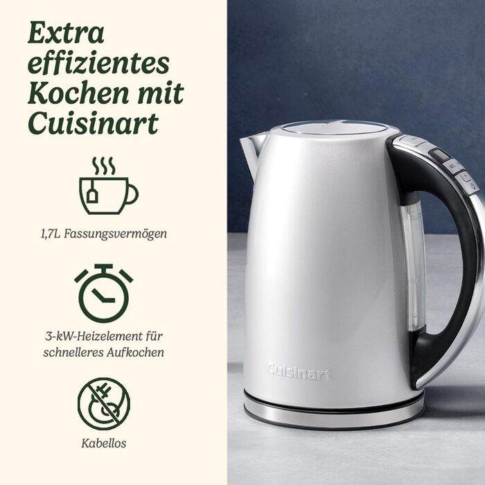Cuisinart Multi-Temp Kettle | Fast Boiling | Cordless | Stainless Steel Finish | 1.7L Capacity | Adjustable Temperature | Removable, Washable Anti-Scale Filter | Brushed Stainless Steel Variable Temp 1.5L Stainless Steel Brushed