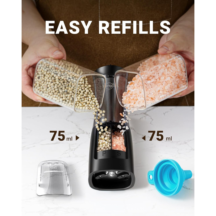 Sangcon 2-in-1 Salt and Pepper Grinder Electric, USB Rechargeable Pepper Grinder, Automatic One-Hand Operation, Spice Grinder with Light, Adjustable Ceramic Grinding Mechanisms (Metallic Gunmetal)