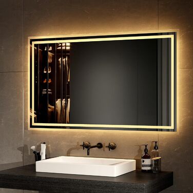 Дзеркало для ванної кімнати EMKE з підсвічуванням 40x60 см LED, антизапар, холодний/теплий білий світ, з кнопкою, алюмінієва рама, IP44, енергозберігаюче