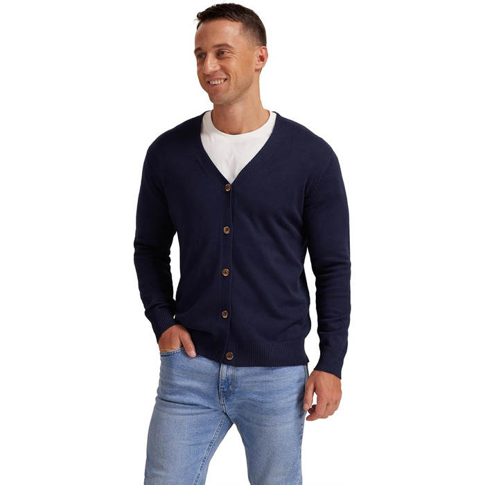 Чоловіча в'язана кофта NITAGUT, вінтажний смугастий дизайн, довгі рукави, V-подібний виріз, ґудзики (L, темно-синій)