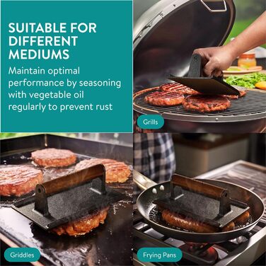 Navaris Smashed Burger Press - Cast Iron Burger Press - Prepare Burgers Healthy and Delicious - Grill Press - Meat Press - 21 x 11 cm - Rectangular Cast Iron
