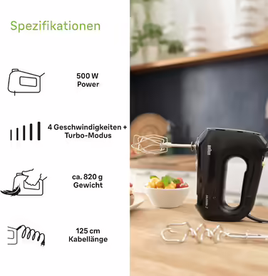 Braun Household MultiMix 2 HM2110BK Hand Mixer - Handheld Mixer with 4 speed settings plus Turbo, FastMix Technology, EasyClick, incl. whisk and dough hooks, one-hand operation, 500W, Black Black MultiMix 2 - incl. whisk & dough hooks